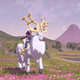 A Pokemon trainer rides Arceus through a field next to a mountain in Pokemon Legends Arceus.